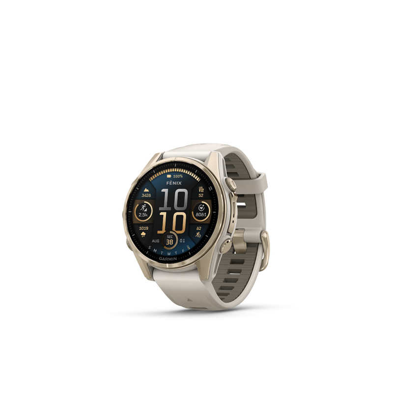 Garmin fenix 8 - 43mm, AMOLED, Sapphire, Soft Gold, Fog Gray/Dark Sandstone band
