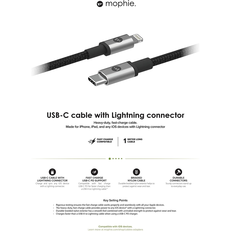 Mophie Charging Cable – USB-C/Lightning kábel 1 m - čierny