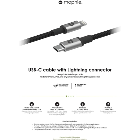Mophie Charging Cable – USB-C/Lightning kábel 1 m - čierny